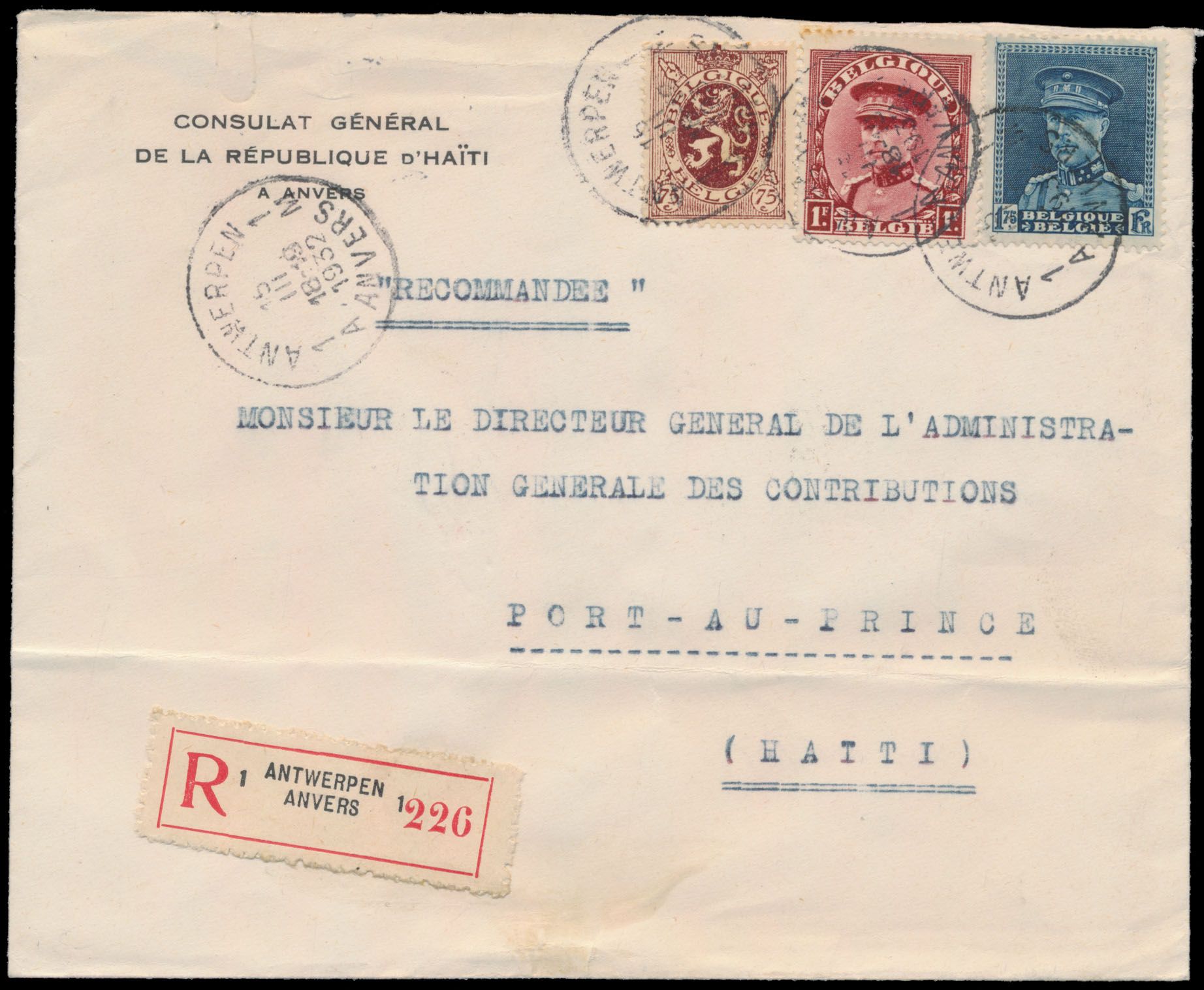 1932 Nos 288A, 317 and 320, a registered dispatch on a consulate cover (Consulat général de la république D'Haiti), sent from Belgium, cancelled 