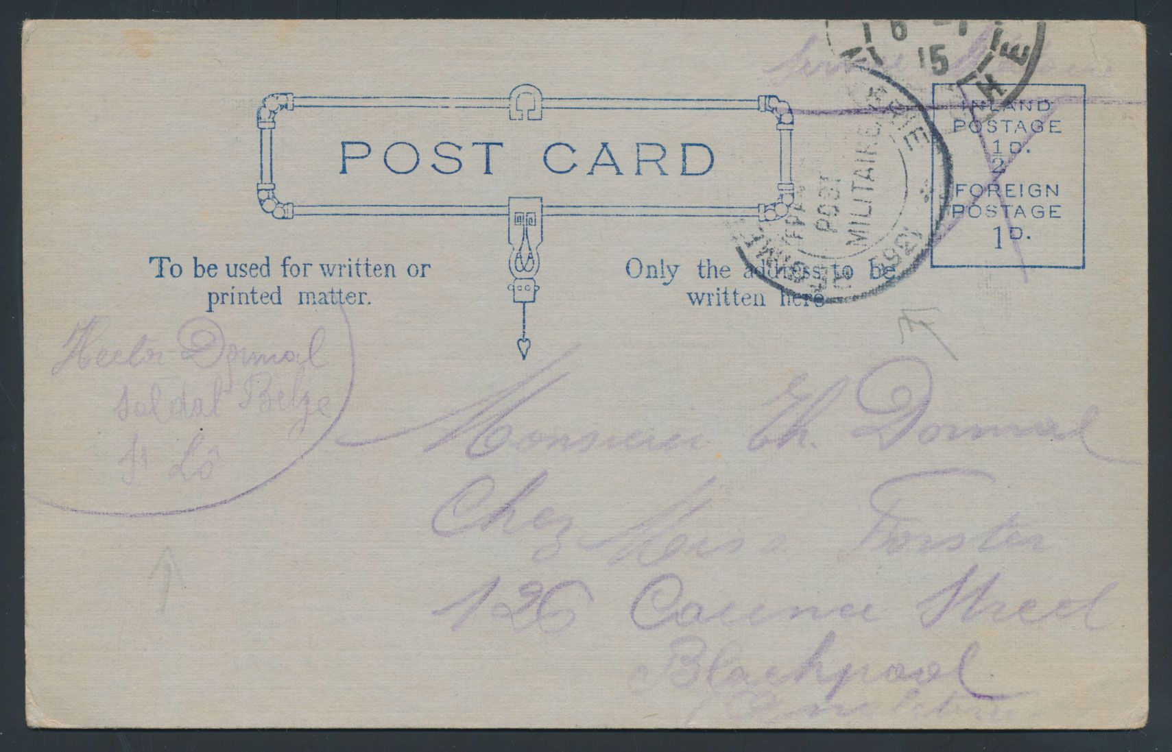 1915, Engelse postkaart verstuurd door een Belgische soldaat uit ST Lo/ Frankrijk naar Engeland met rondstempel 'Regiment Gendarmerie/ 1365/ FR ... Post ... Militaire' (in het zwart), zm.