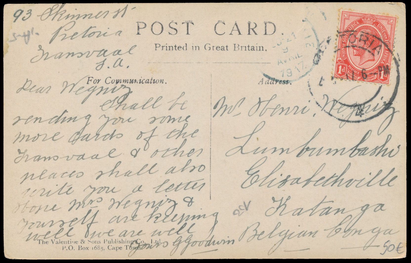 1917, picture postcard sent from Pretoria / South Africa to Elisabethville / Belgian Congo where it arrived on 9 April 1917 - no South African censor (uncommon), vf