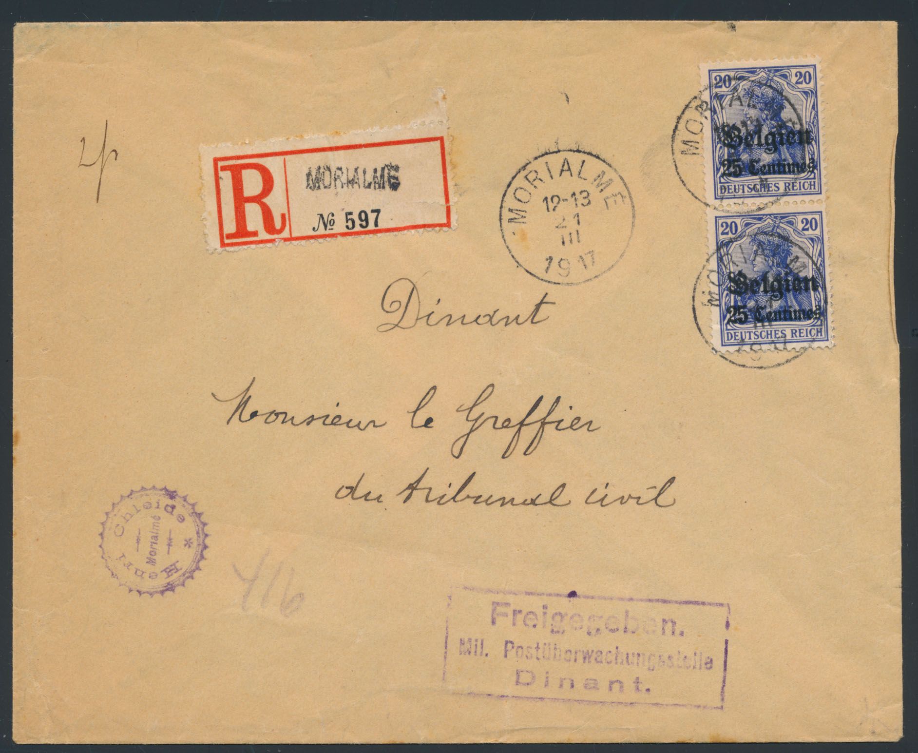 1917 BZ 4 (2x) op aangetekende brief Morialme, dd. 21/03/1917, naar Dinant (censuur Dinant), zm
