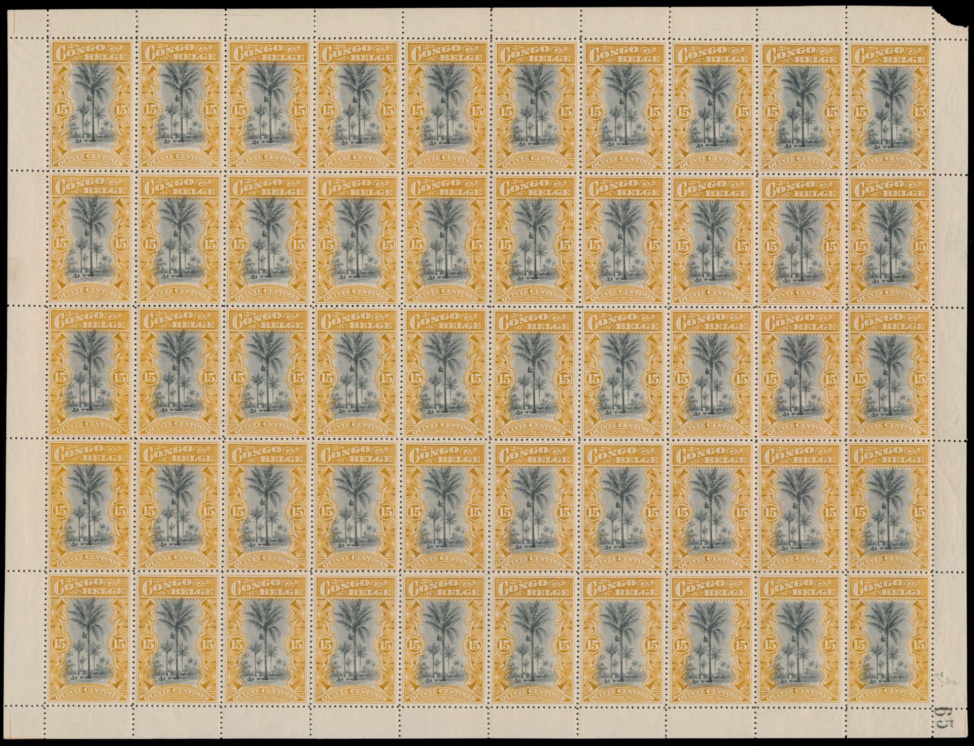 No 52 '15c ocre (feuille complète de 50) pièce rare, 2 charnières renforcées, VF/F/ à vérifier (OBP€ 16,750)