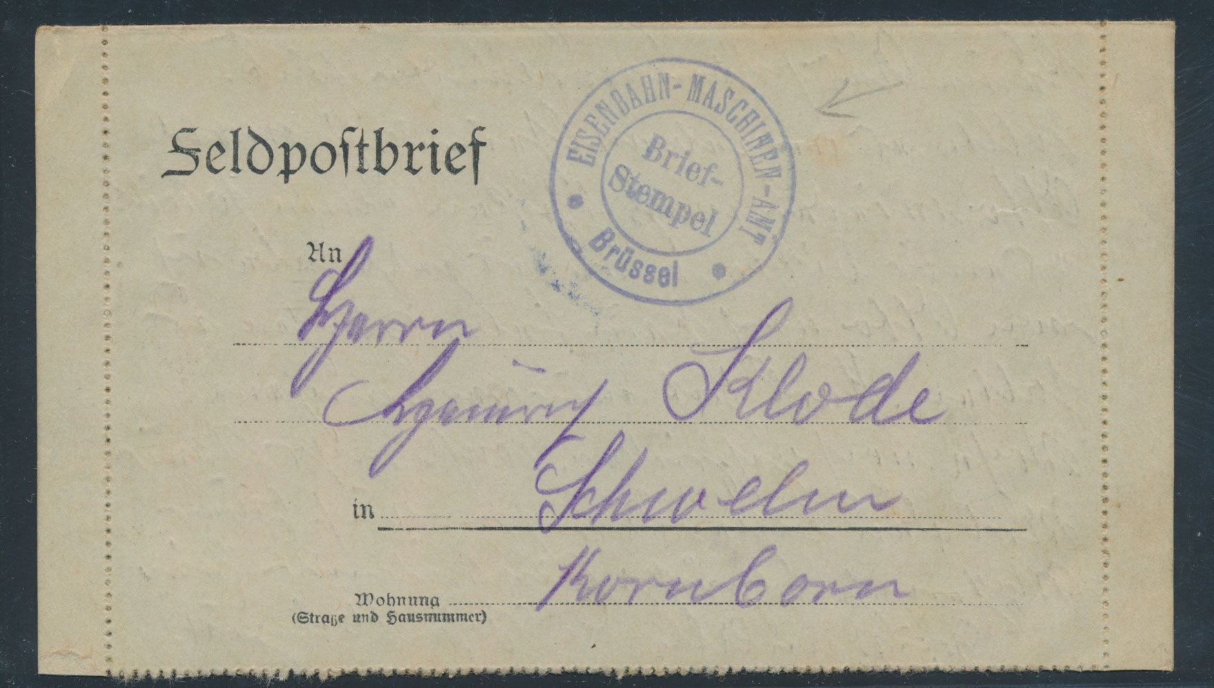 1916, Feldpostbrief uit Brussel naar Duitsland, met rondstempel 'Etsenbahn- Maschinen Amt* Brussel *' briefstempel (in violet), zm.