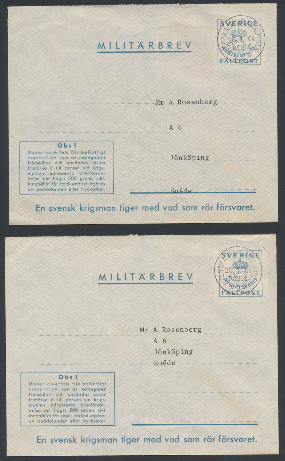 1961/1962, 4 items (2 Militarbrev, 1 aerogram and 1 cover) of ONUC  - Swedish contingent with FPO cancellations, vf