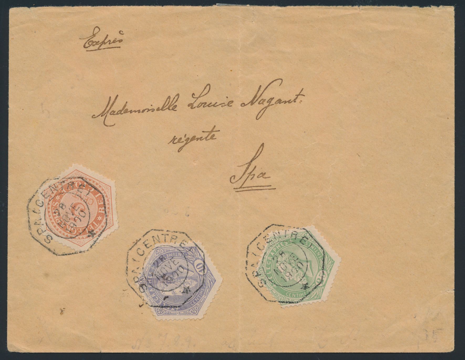 1900 TG 9, TG 11 en TG 12 op express enveloppe vanuit SPA, met afstempeling telegraaf 'SPA(CENTRE)', dd. 28 NOVE 1900, naar SPA, zm