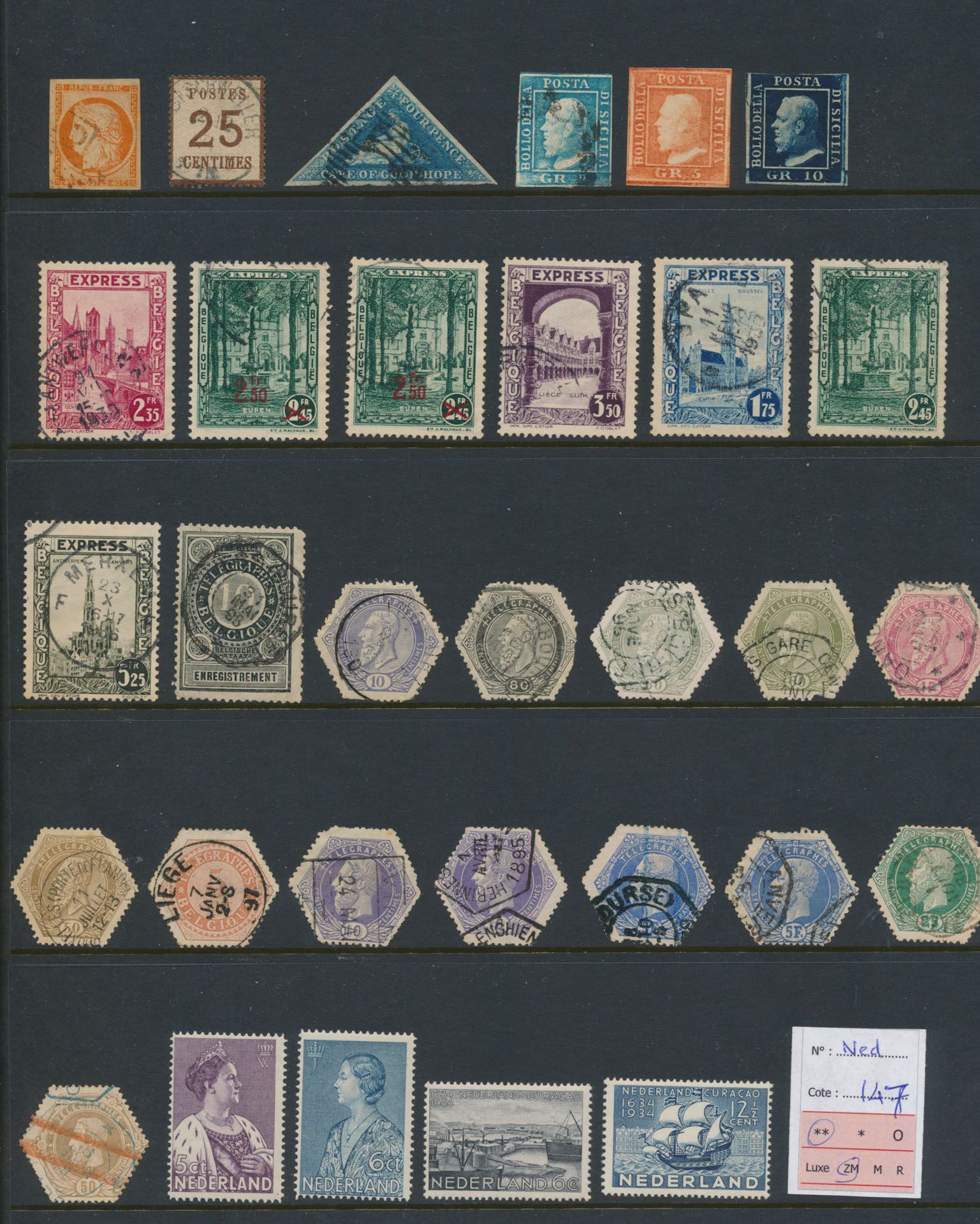 Zusammenstellung auf Einlegeblatt mit Frankreich Yv. 5 (beschädigt), Belgien Express und Telegraphes, Niederländisch 1934 **, zm/m/ntz (Hoher Katalogwert)