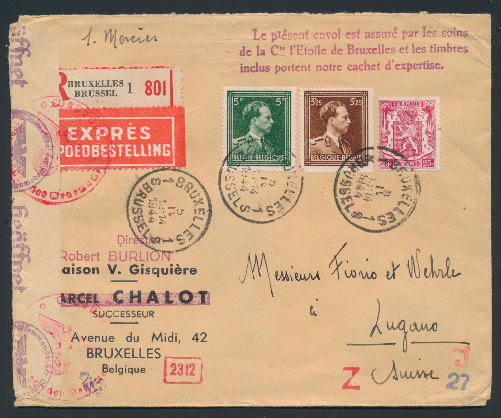 1944 N° 423 + 645/46, op aantekende expres brief vanuit Bruxelles, dd. 05/04/1944, naar Lugano, mooie stempel in rood 