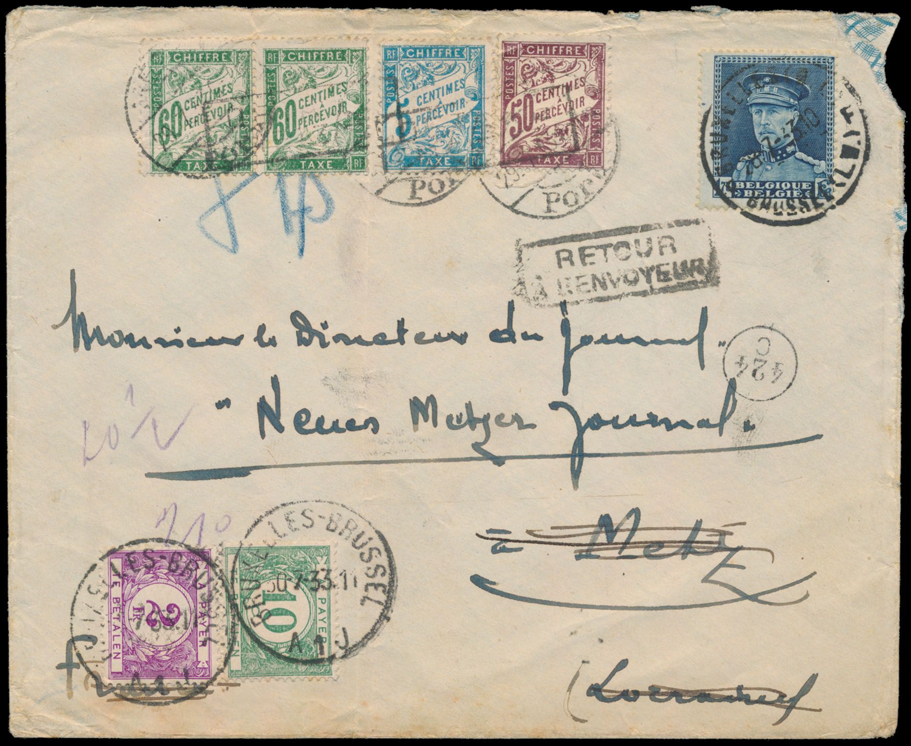 1933, letter sent from Brussels (28/7/33) to Metz / Lorraine with 1,75 Fr Albert Kepie, rate valued in France with 5c, 50c and 60c(2x) - 