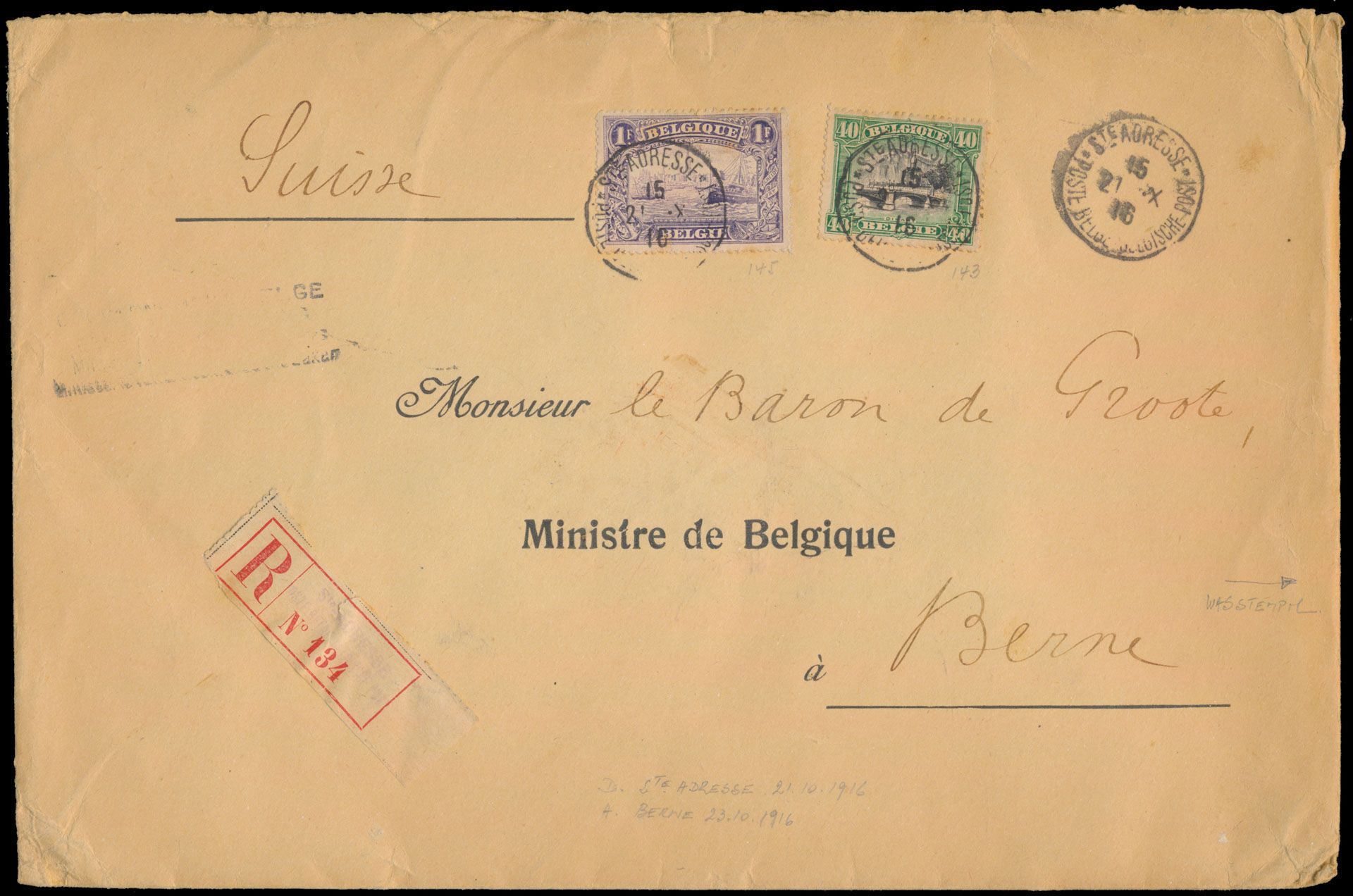 1916 N° 143 en 145, op aangetekende brief (zonder inhoud), dd. 21.X.16, naar Berne (Zwitserland), geadresseerd aan 