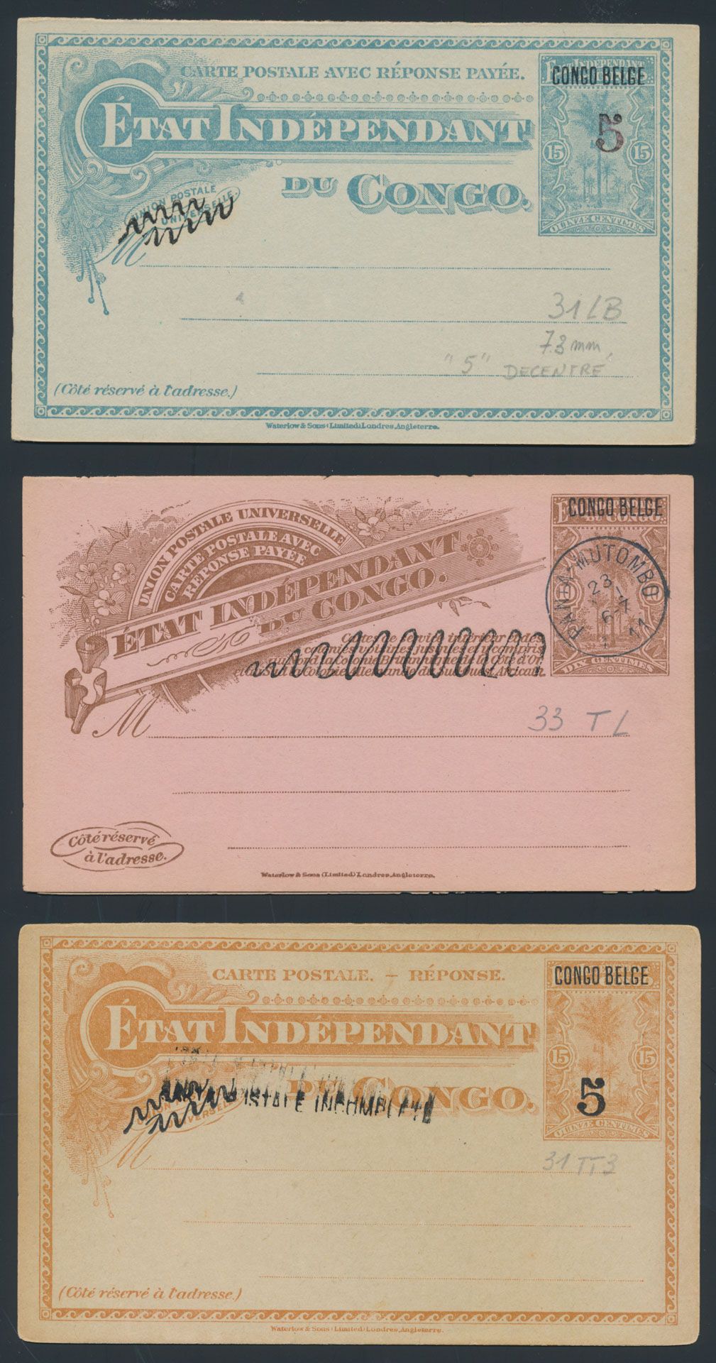 Postal stationery (3x), all mint, Stibbe #33TL, 31TT3-CPI (badly applied), 31LB - misplaced 