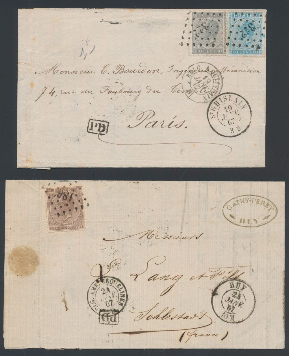 1865, 2 Briefe aus Belgien nach Frankreich, mit 
