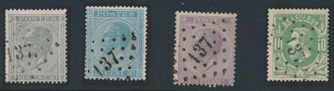 Nos 17, 18, 21 and 30, Furnes, dotted cancel 137 on vf (COBA €65)