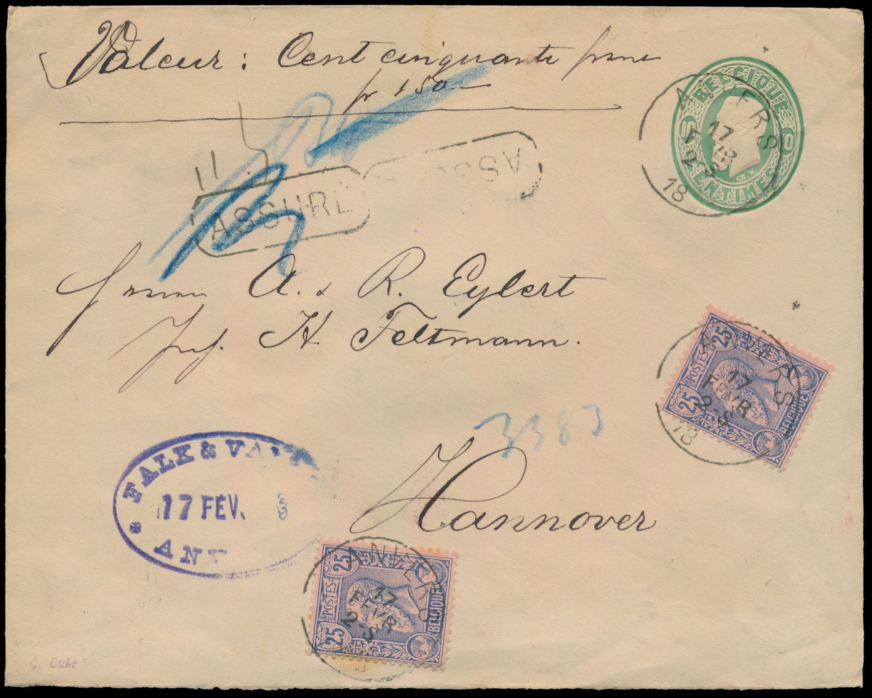 No 48 (2x) Insured letter of 150 francs, weight 11.5 grams, sent from Anvers, dd.17/02/???, to Hannover (Germany). Back 5 wax seals, franking 60 Centsiem, vf.