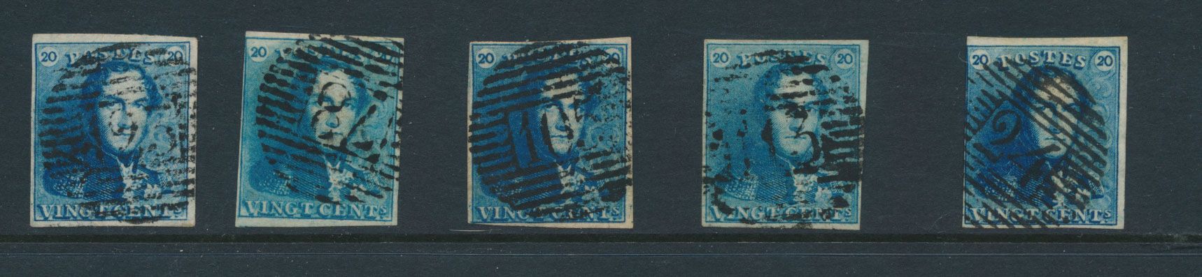 N° 2/2A, five items, all fully margined with different colour shades, with cancels (P.123, P.78, P.105, P.113 and P.24), multiple griffs, ideal for plating, vf