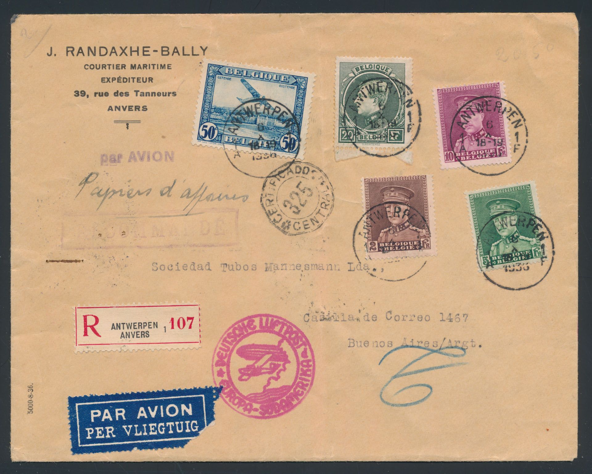 No 290A 'grey-green Montenez', Nos 321, 323 and 324 Albert with Kepi, PA1, on registered airmail letter, sent from Antwerp to Buenos Aires, vf (OBP €225)