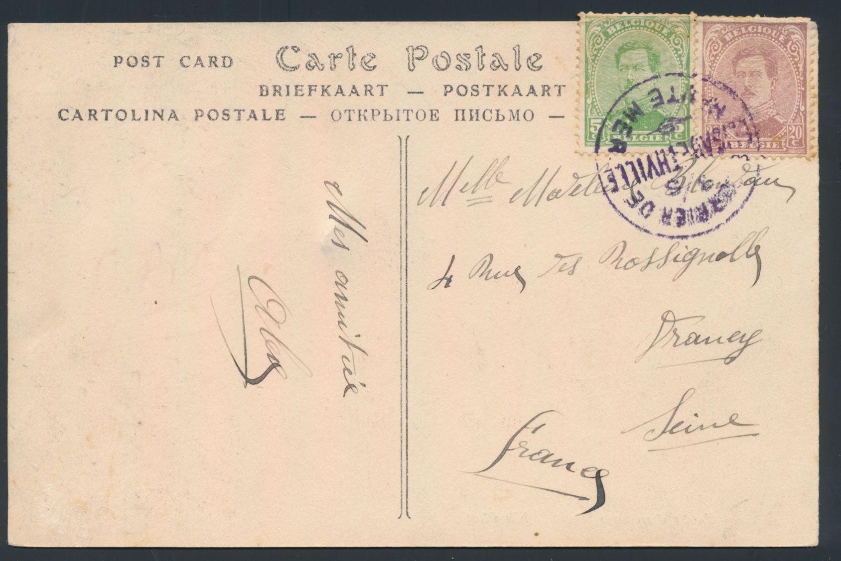 Picture postcard of a French submarine with 2 Belgian stamps Albert I, cancelled 