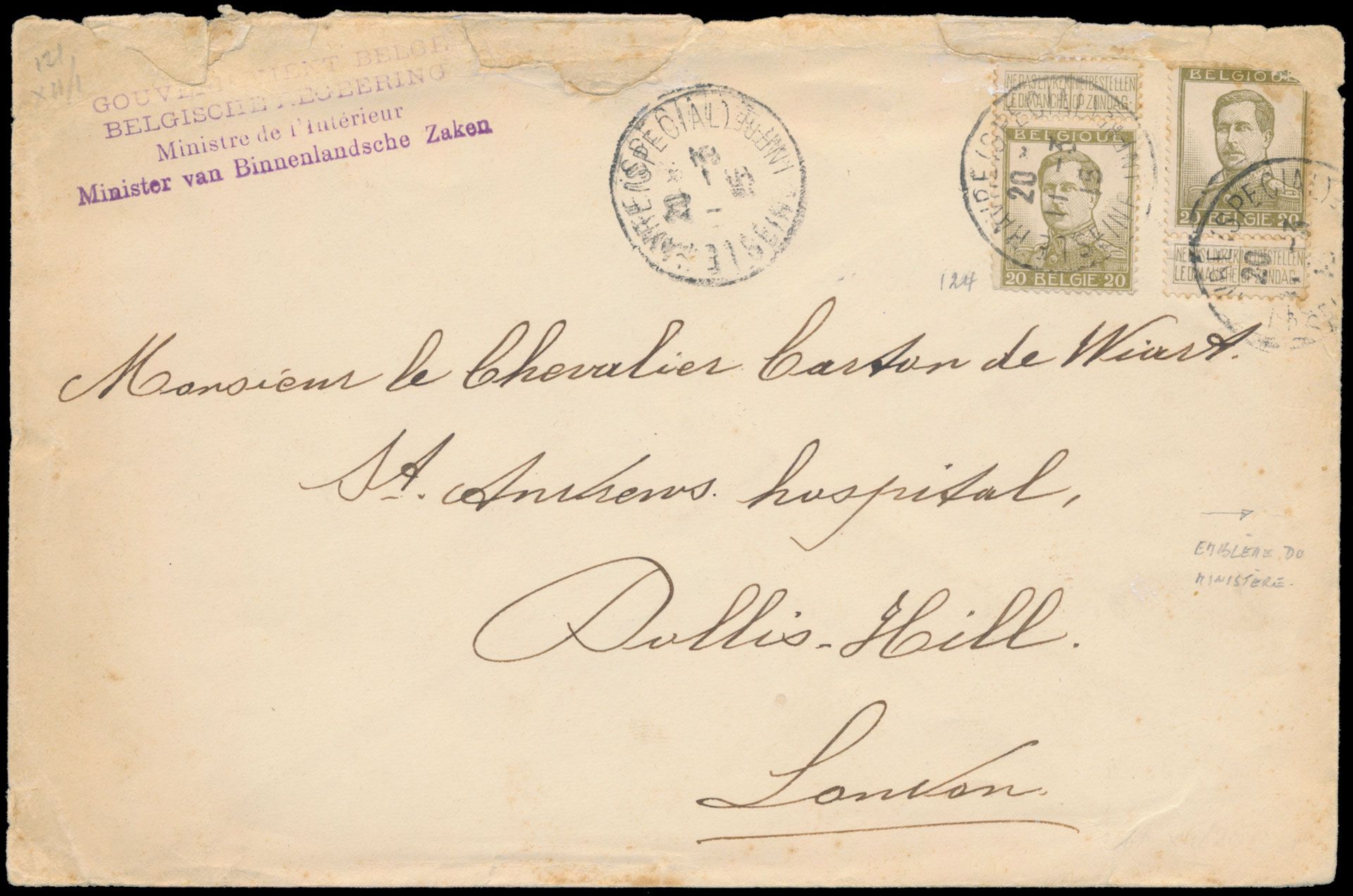 1915 N° 124 (2x) sur lettre, cachet Le Havre (Spécial) datée du 11.3.1915, cachet 