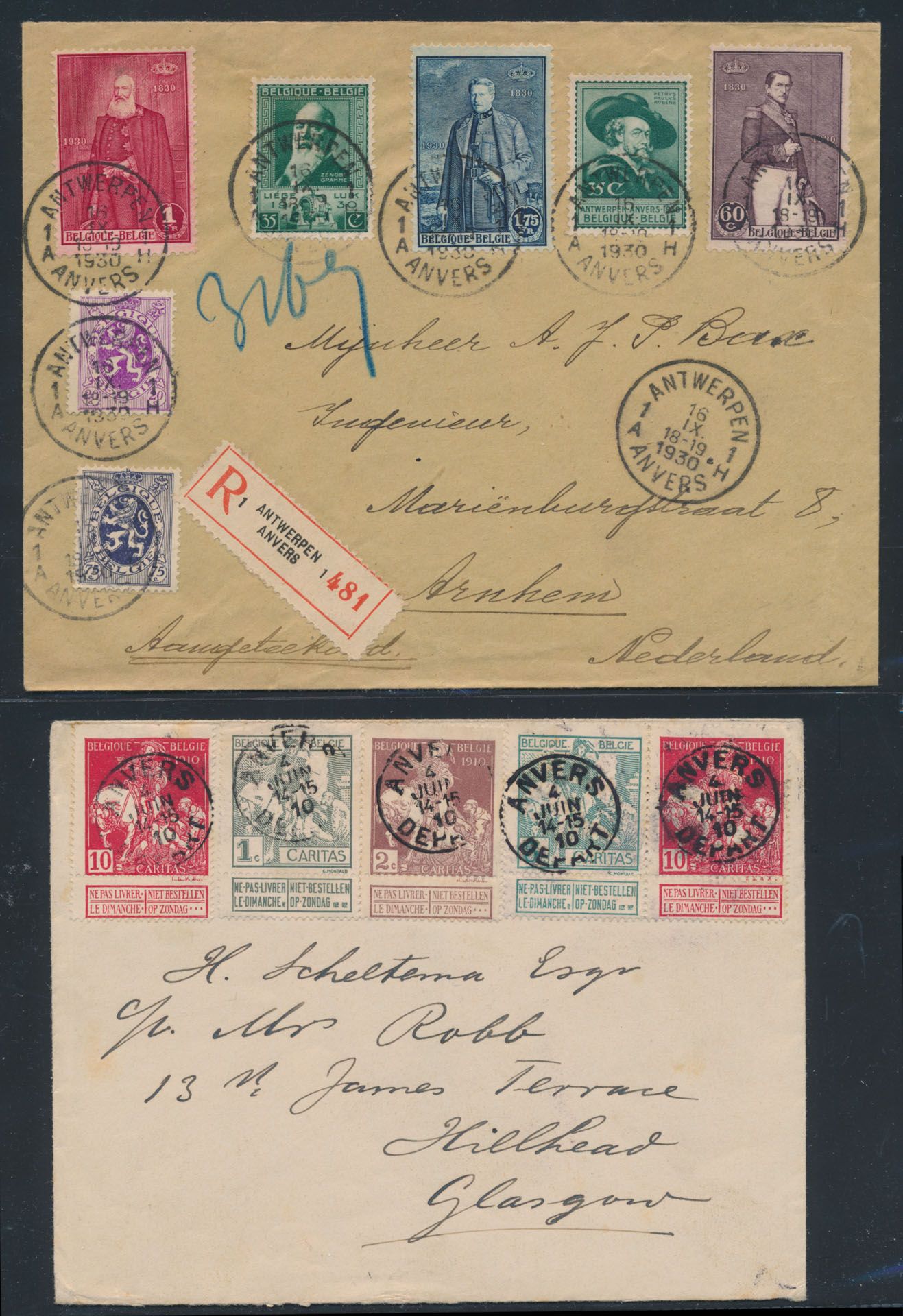 1915/1951 Samenstelling 10 brieven w.o. aangetekend, ZK met geblokkeerde datum, filatelistische stukken, zm 