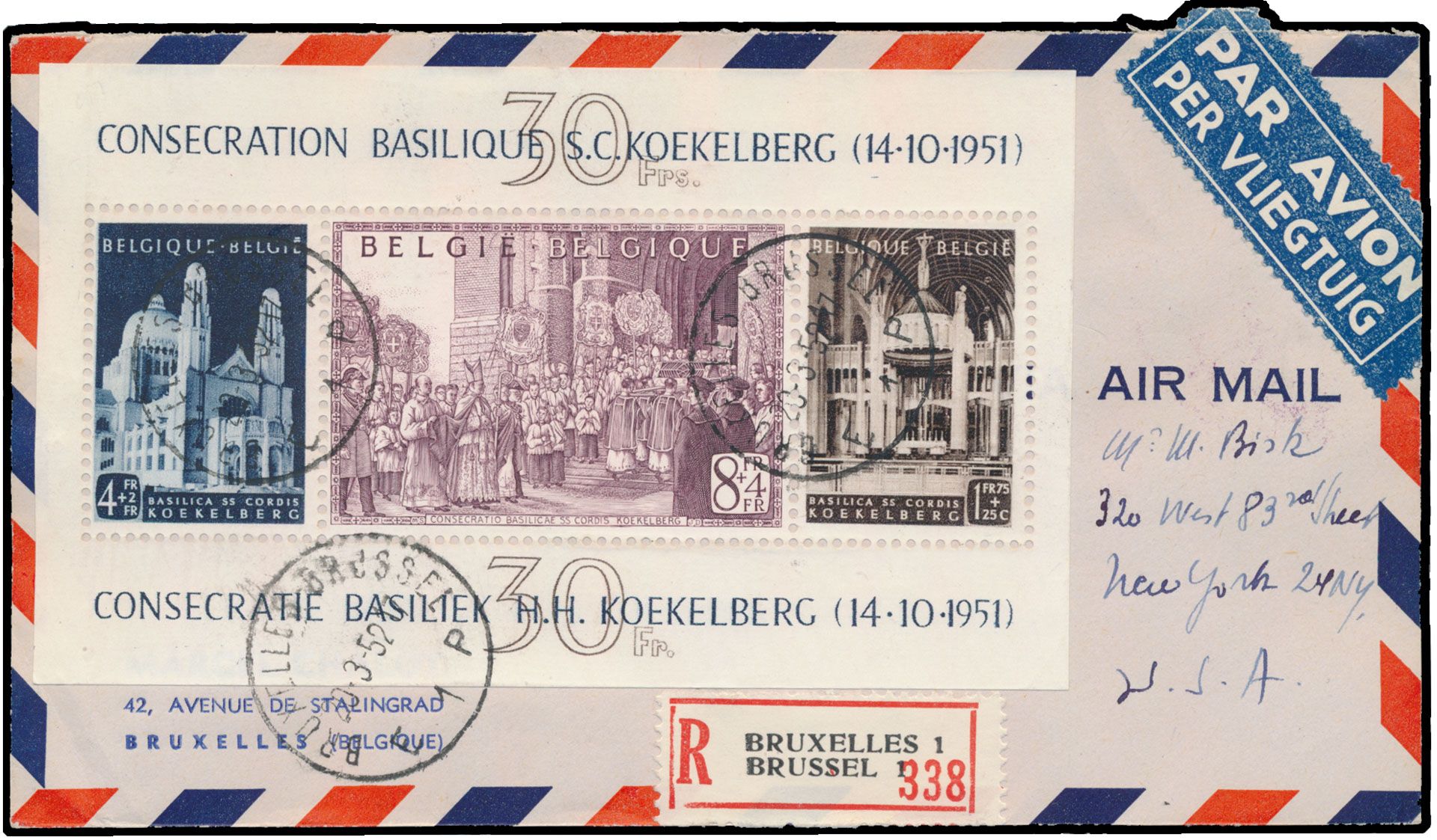 1952 Lettre recommandée, envoyée de Bruxelles 1 à New York/USA, par poste aérienne, affranchie OBP BL 30, 849a et 841, très belle et rare, zm 