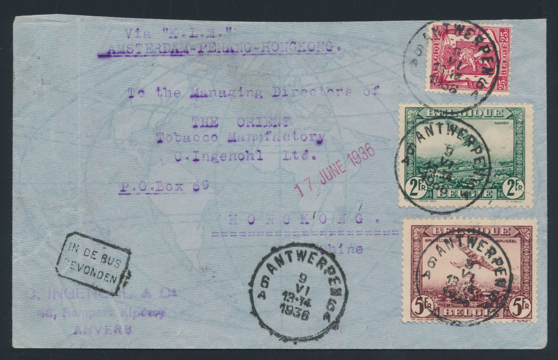 PA 3 en PA 4 en N° 423, op enveloppe vanuit Antwerpen, afstempeling Antwerpen 6A