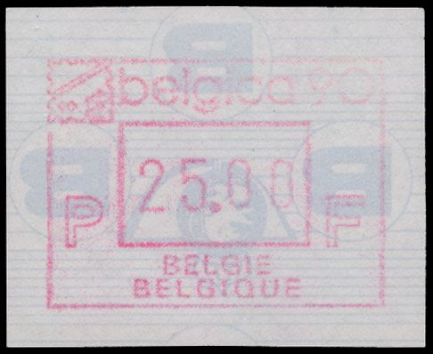 ATM 78/79 + beide sets 10-14- 25 Fr 'Belgica '90-Cu' Nederlands en Franstalig, curiositeit 'Omgekeerd logo'- zeldzaam (met vergelijkingszegel)