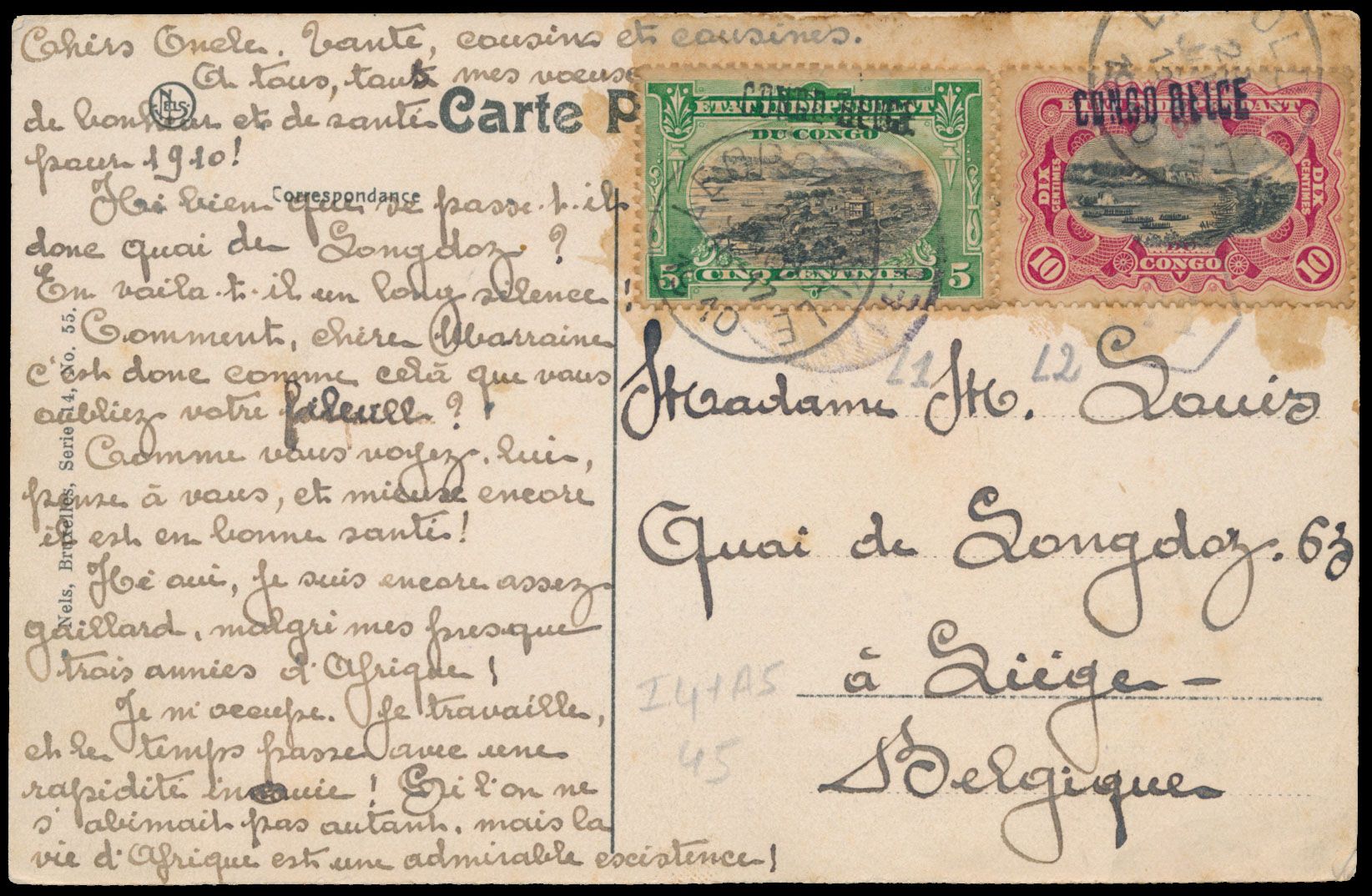 1910, carte postale écrite dans la zone de Stoudjinga / Mongala et postée à Léopoldville le 29 janvier 1910 à Liège / Belgique, affranchie à 15c par 5c vert avec Local L1 et 10c carmin avec Local L2 en surcharge 