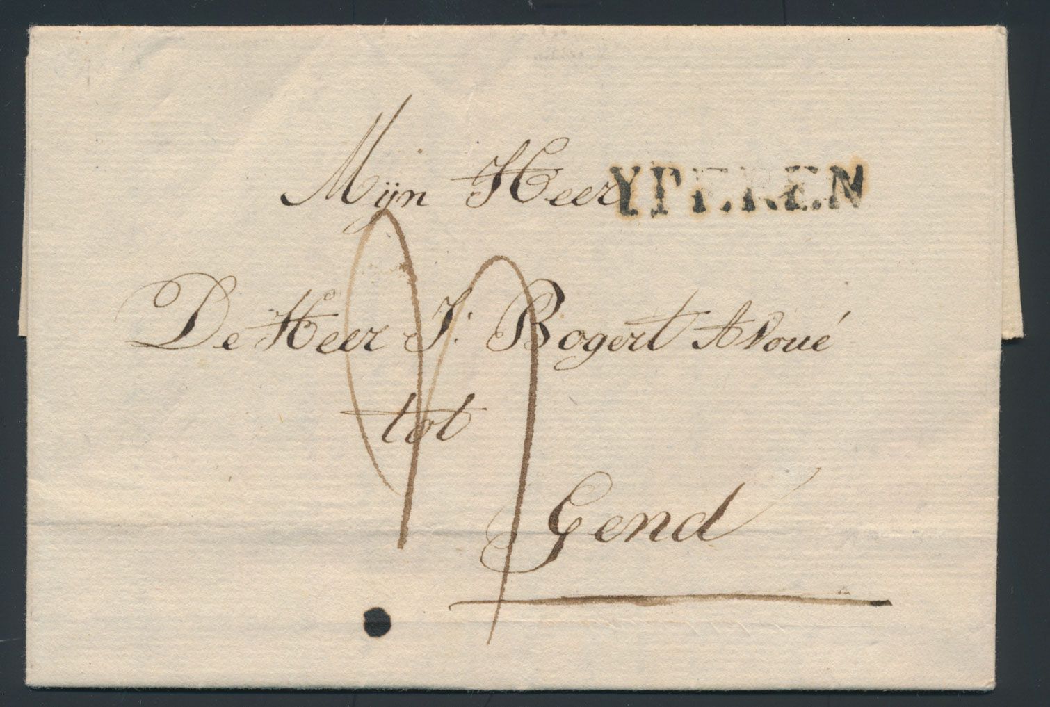 1818, voorloper met inhoud, vanuit Ypres (Herlant 31 -YPEREN), dd. 3 mei 1818 naar Gent, met port van 4 decimen, zm