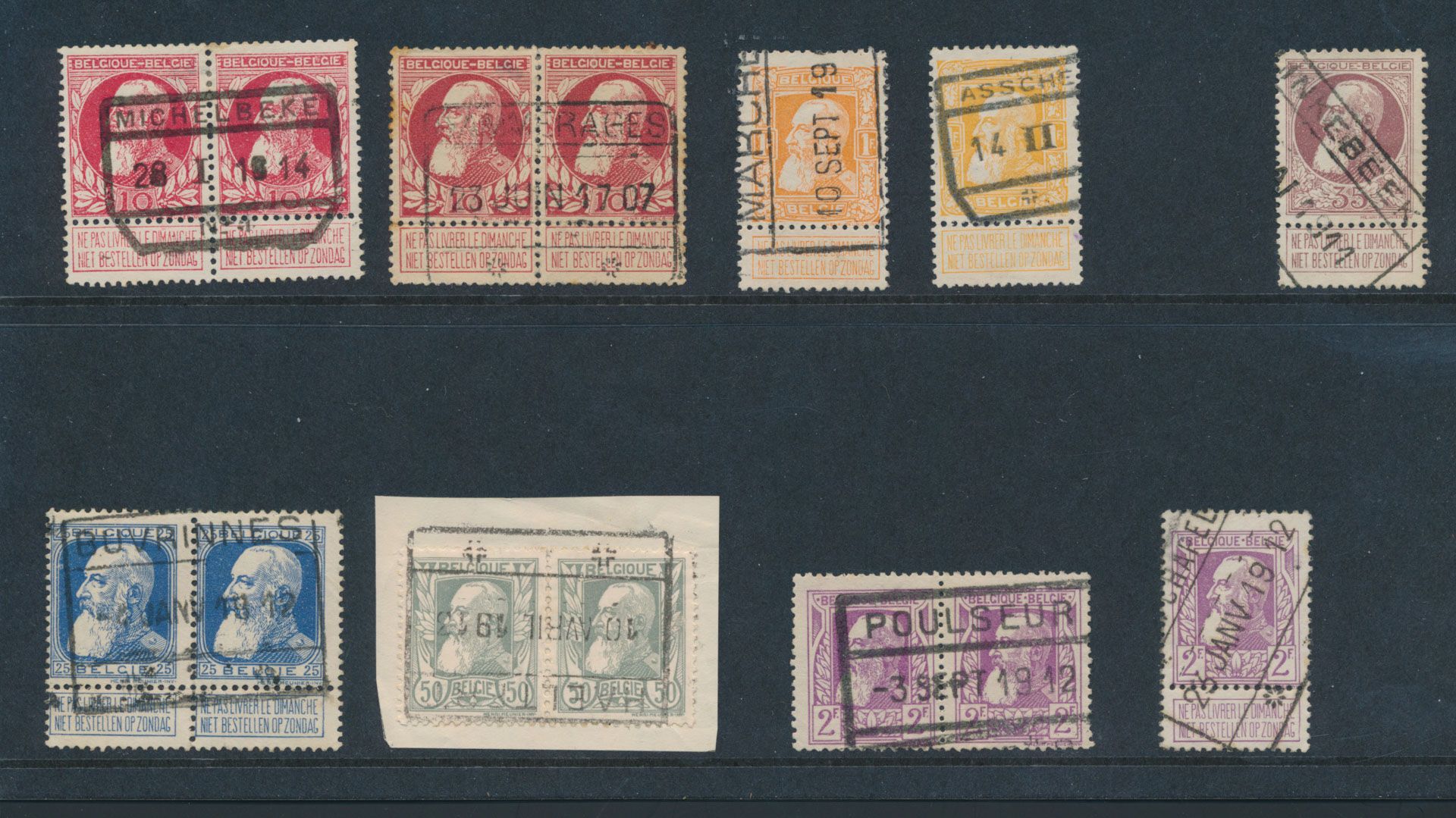 N° 74 (2 paren), 76 (paar), 78 (paar), 80 (paar zonder vignet), 77, 79 (2x) en 80 Alle met spoorweg stempels respectievelijk Michelbeke, Paturages, Buvrinnes, Haeltert, Poulseur, Linkebeek, Marche, Assche en (Erps-Querbs, Westmalle, Goyck, ....chapelle), zm