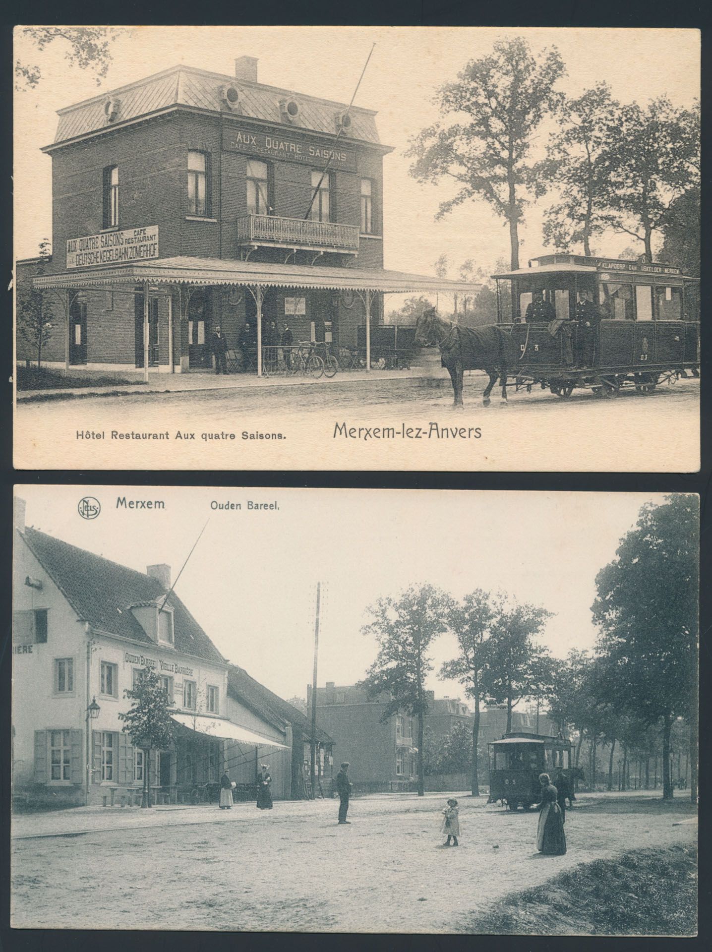Provincie Antwerpen Merksem, paardentrams, 1x Hotel aux 4 Saison en 1x Ouden Bareel (2 stuks)