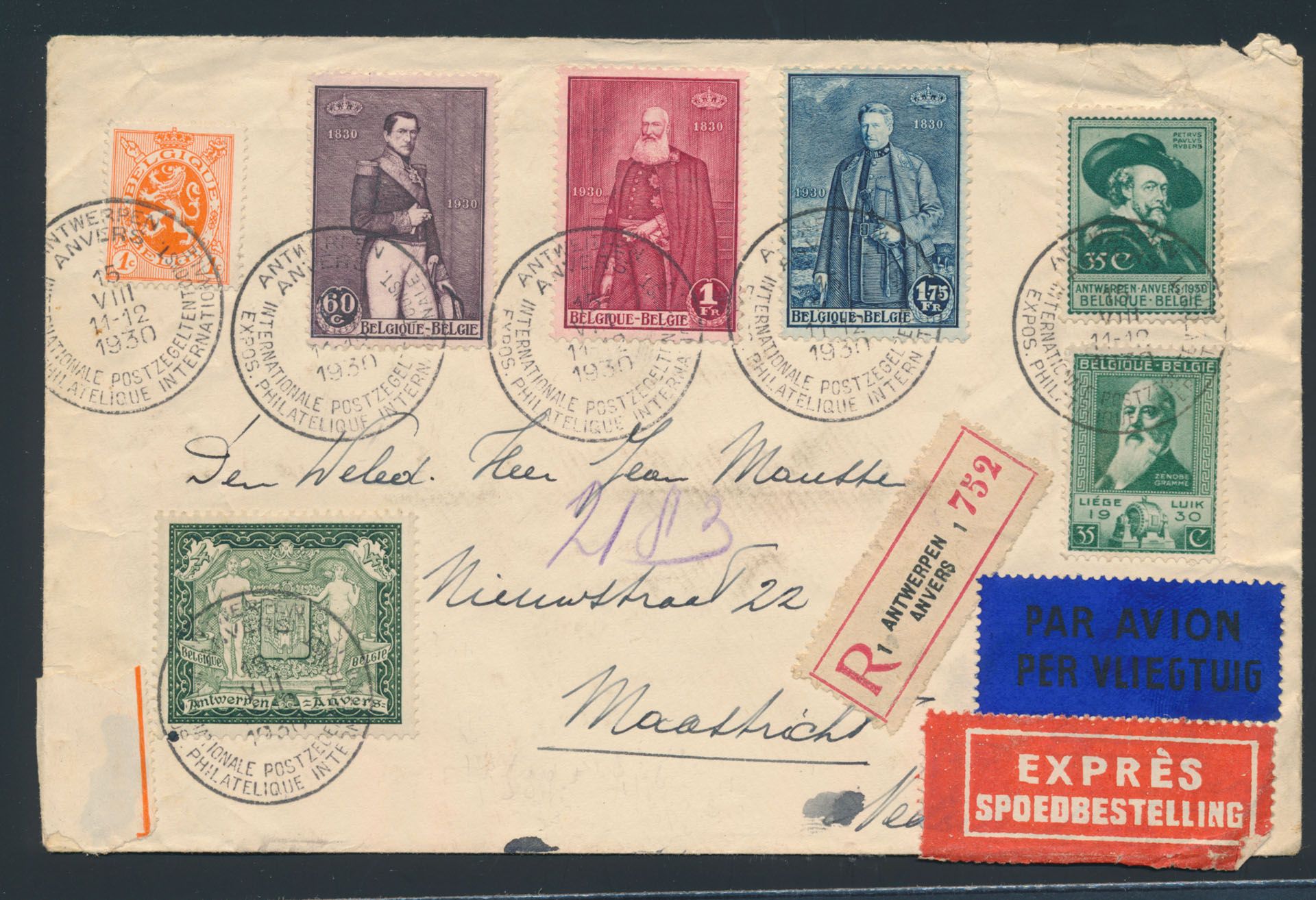 1930 N° 301, 302/4 en 299/300 op aangetekende LP brief van Antwerpen 15.XIII.1930 naar Maastricht met stempels van de tentoonstelling, m 
