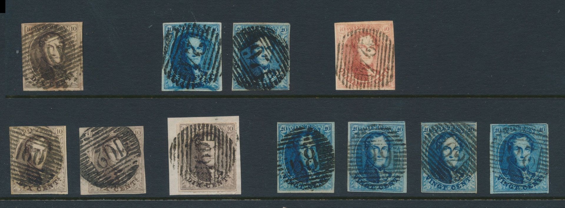 Nice cancels imperforate medallions: N° 6 P60 (Herve), N° 24/14 bars and P.97-Poperinghe, N° 8 P24-Bruxelles, N° 10 P.160.Roux and P.102-Rouleurs, N° 10A P.160-Roux, N° 11 P.68-La Louvière, P.99-Quiévrain, P.102-Rouleurs and P.28-Ciney, all fully margined with beautiful cancels, vf (COBA +€80)