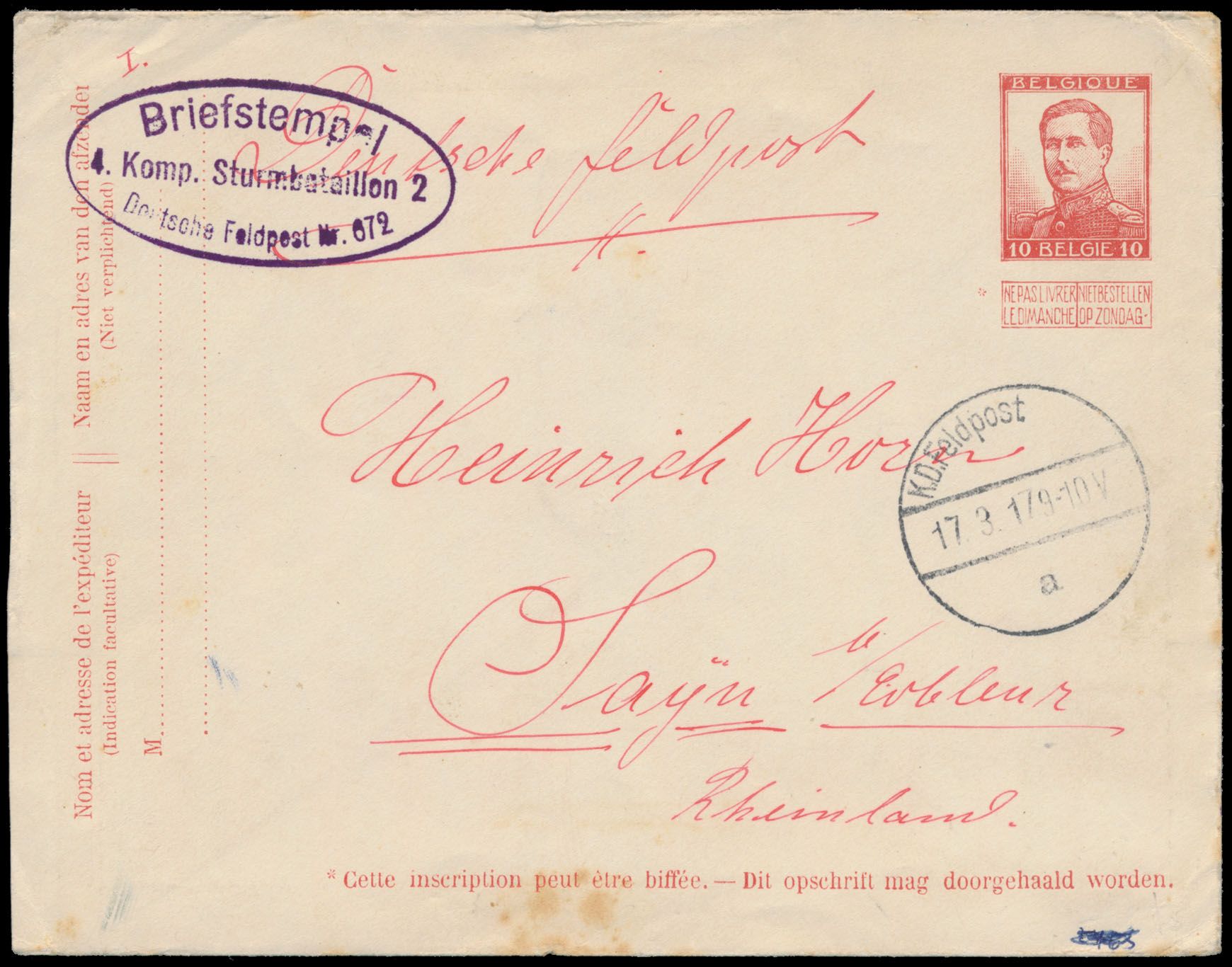 1917 Belgisch PWST gebruikt door een Duitse soldaat als feldpostbrief, gestempeld 