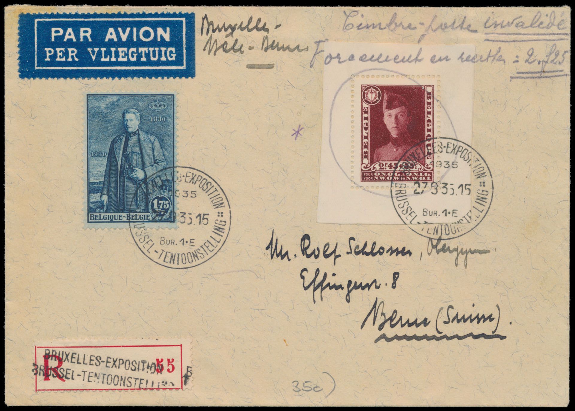 1935, registered airmail letter sent from Brussels- Exhibition (27/9/35)' to Berne/ Switzerland, franked with (OBP) BF 3 (cut) and N° 304, zm.