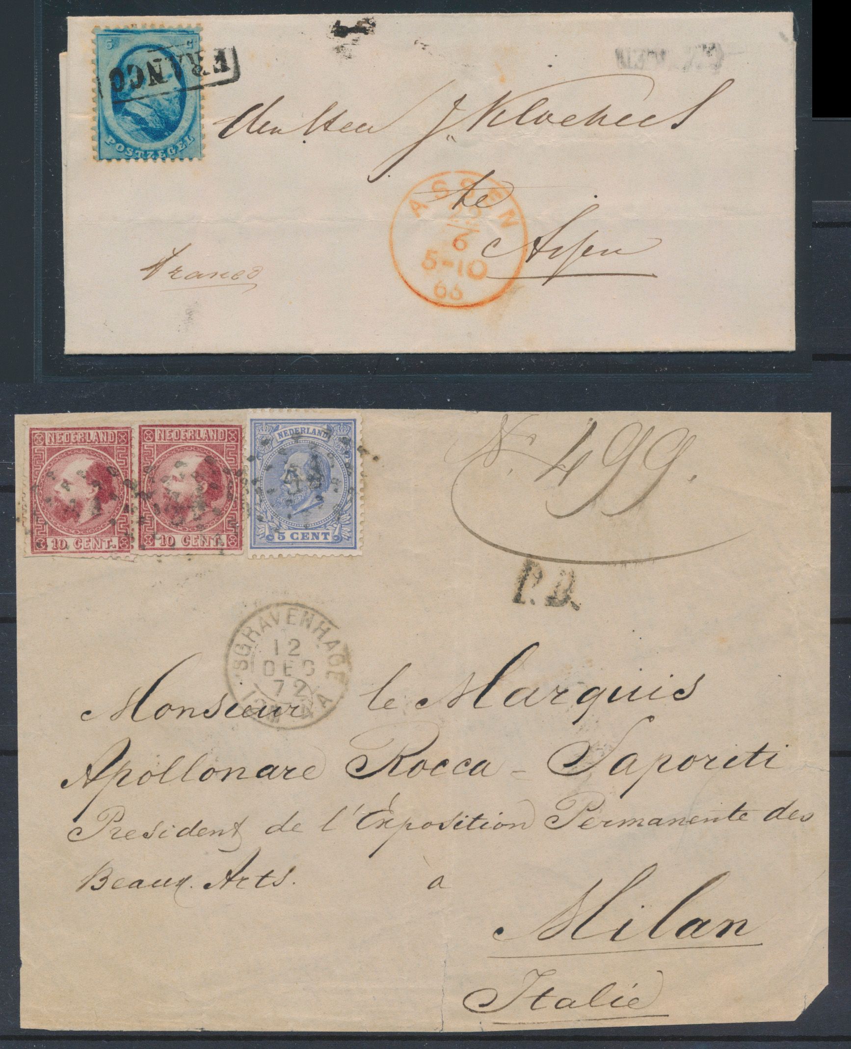 1865/1972, 7 brieven w.o. enkelfrankeringen, 2° emissie en front met gemengde frankering, uitgaven 1867 en 1872, zm/ntz