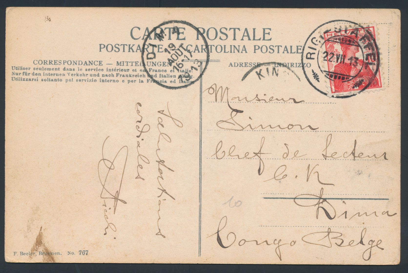 1913, incoming mail picture postcard sent from Rigi-Staffel / Switzerland to Dima / Belgian Congo on 19 August 1913 with transit by Kinshasa, vf