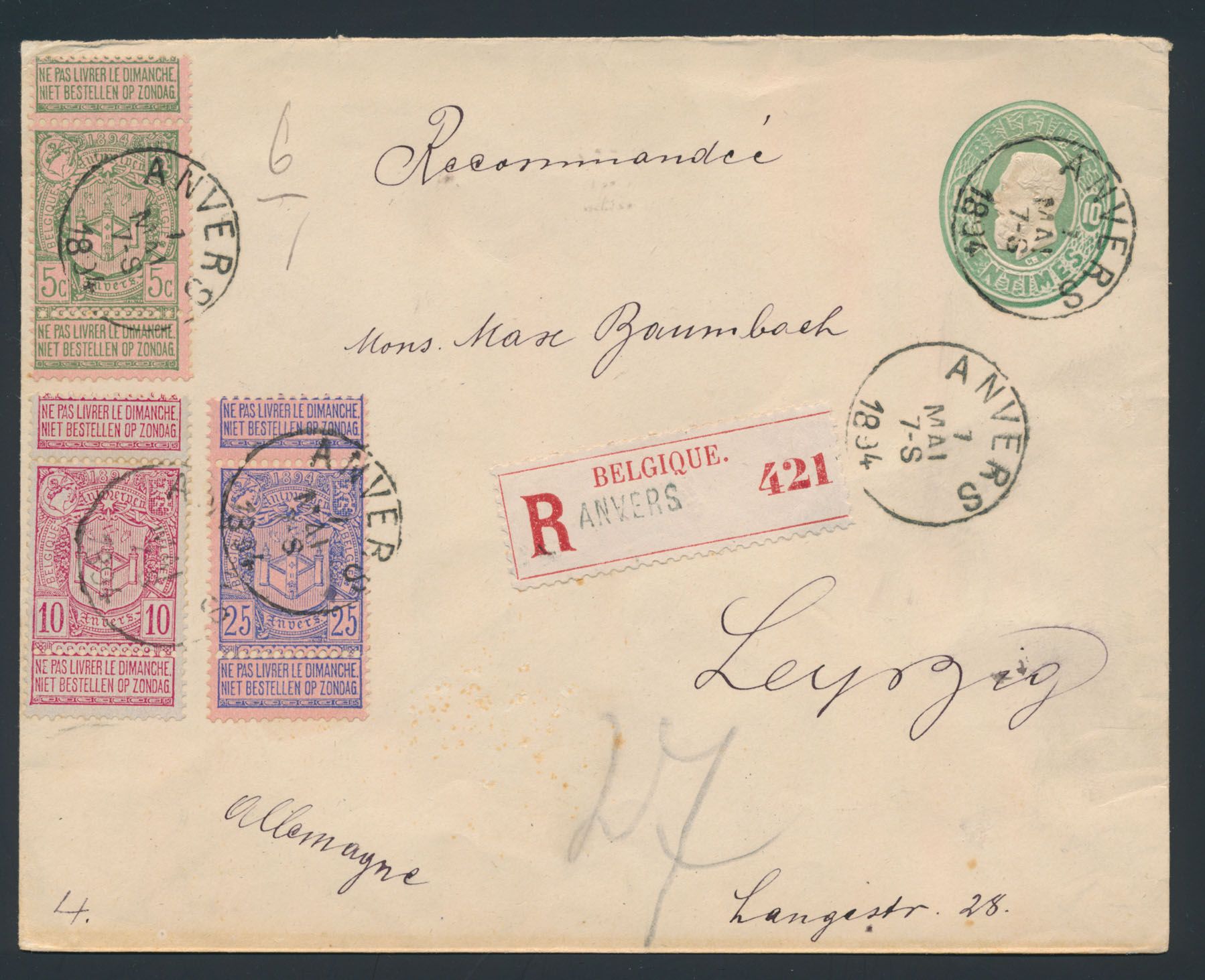 No 68/70 on registered stationery stationery N° 4, from Anvers, dated 7 May 1894, to Leipzig (Germany). Manuscript 