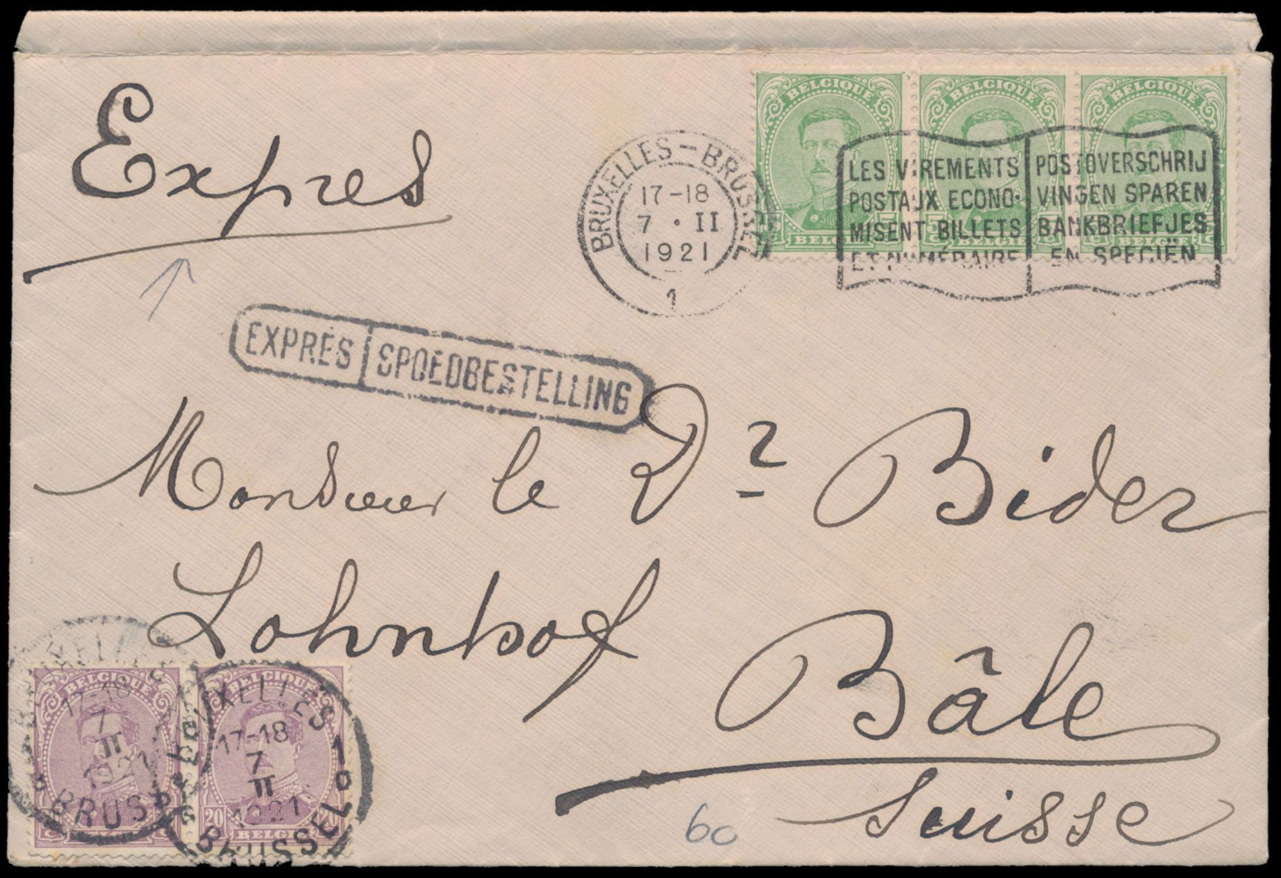 1921, Spoedbestelling brief verstuurd uit Brussel naar Bâle/ Zwitserland, zeer mooie frankering met (OBP) N° 137 (3x) en 140 (2x), zm.