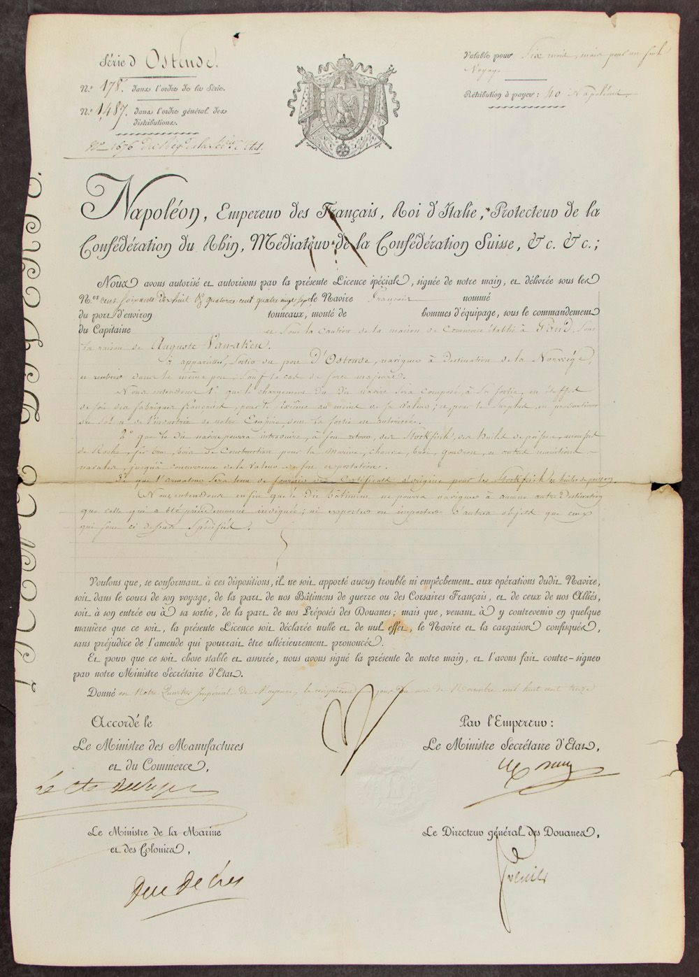 1813 Napoleonische Urkunde, Hafen der Stadt Ostende, Sondergenehmigung für Auguste Van-aken (aus Gand), dd. 