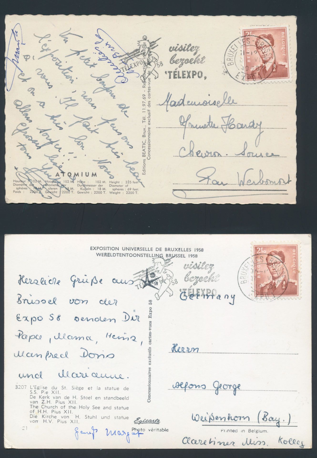 1958, R 3 '2,50 Fr roodbruin' (2x), op 2 zichtkaarten met stempel 'Telexpo '58', zm.