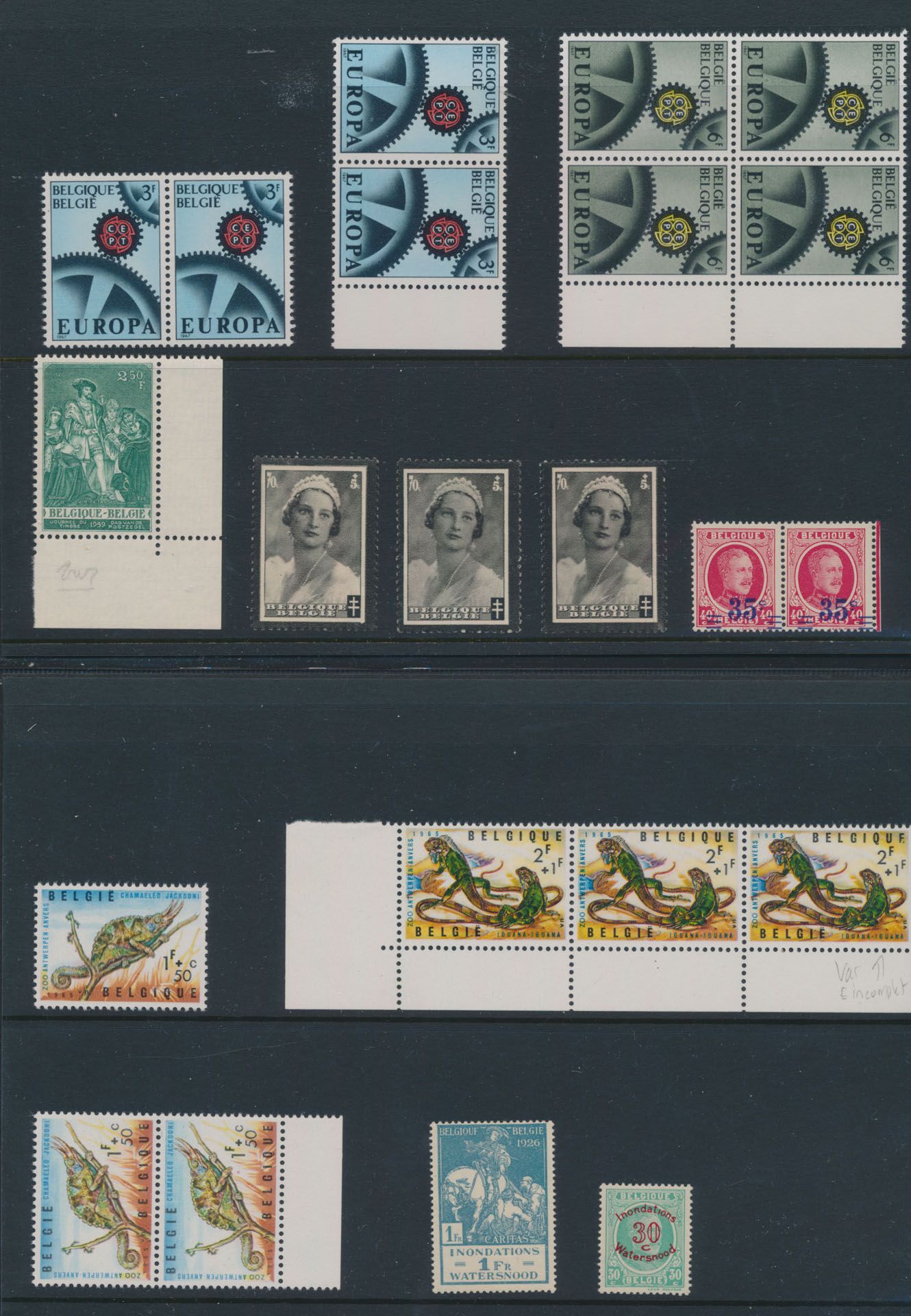 Verzameling van 16 variëteiten, zoals N° 415-V1, V2 en V3, 1416-V, enz., leuke samenstelling met enkele paren en blokken, zm