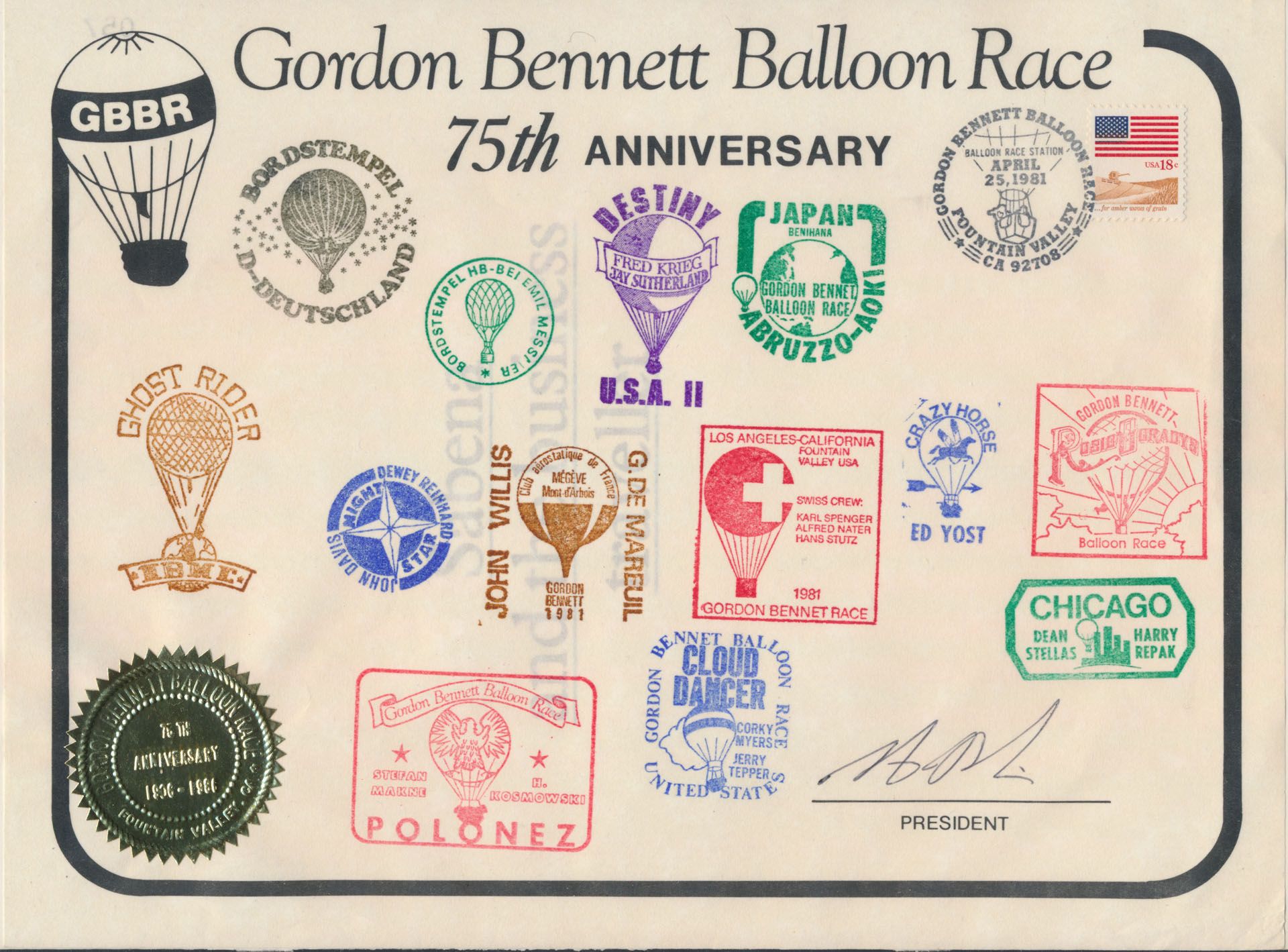 Gordon Bennett Balloon Race 1981 with stamp USA and miscellaneous cancellations on large-format document, vf 