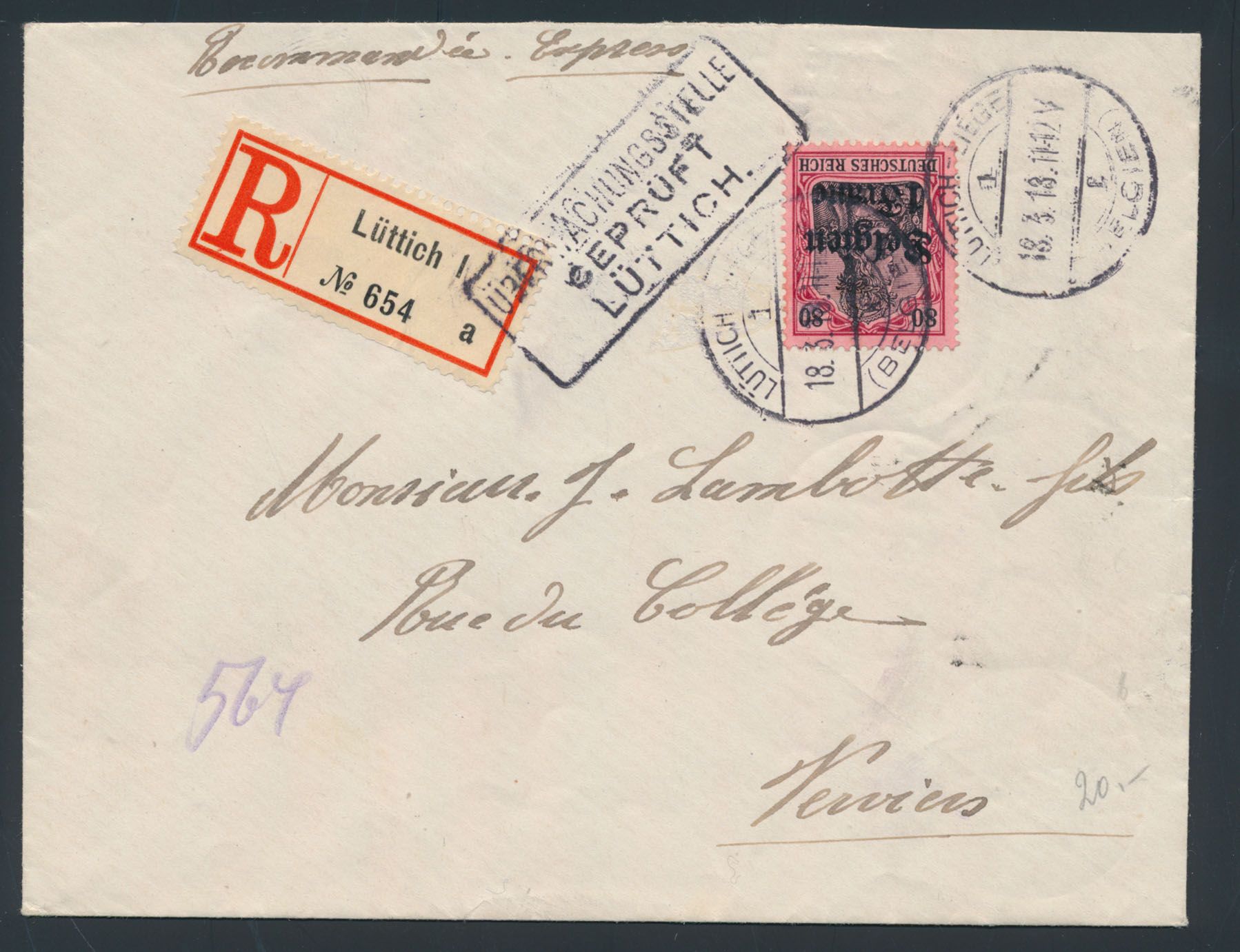 1918 BZ 22 op aangetekende brief uit Luik, dd. 18/03/1918, naar Verviers, manuscript 