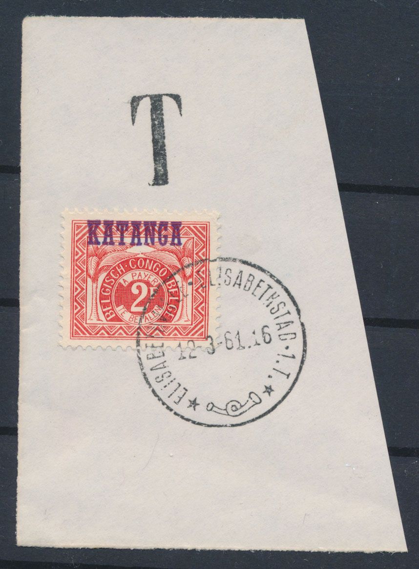 1961 TX 5 on small piece cancelled Elisabethville - Elisabethstad -1-T of 12 March 1961 / Katanga Free State, uncommon, vf