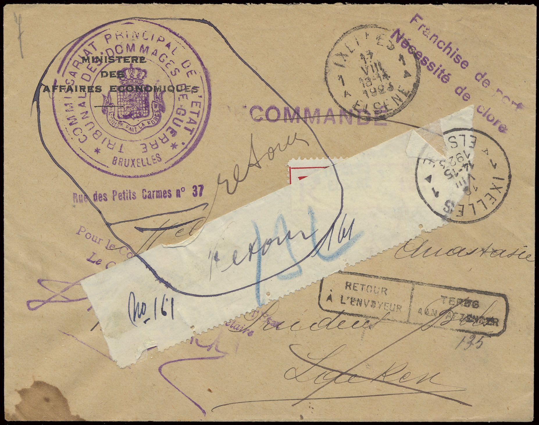 1920/1925 Samenstelling 20 brieven in verband met oorlogsschade (Dommages de Guerre), zm/m 