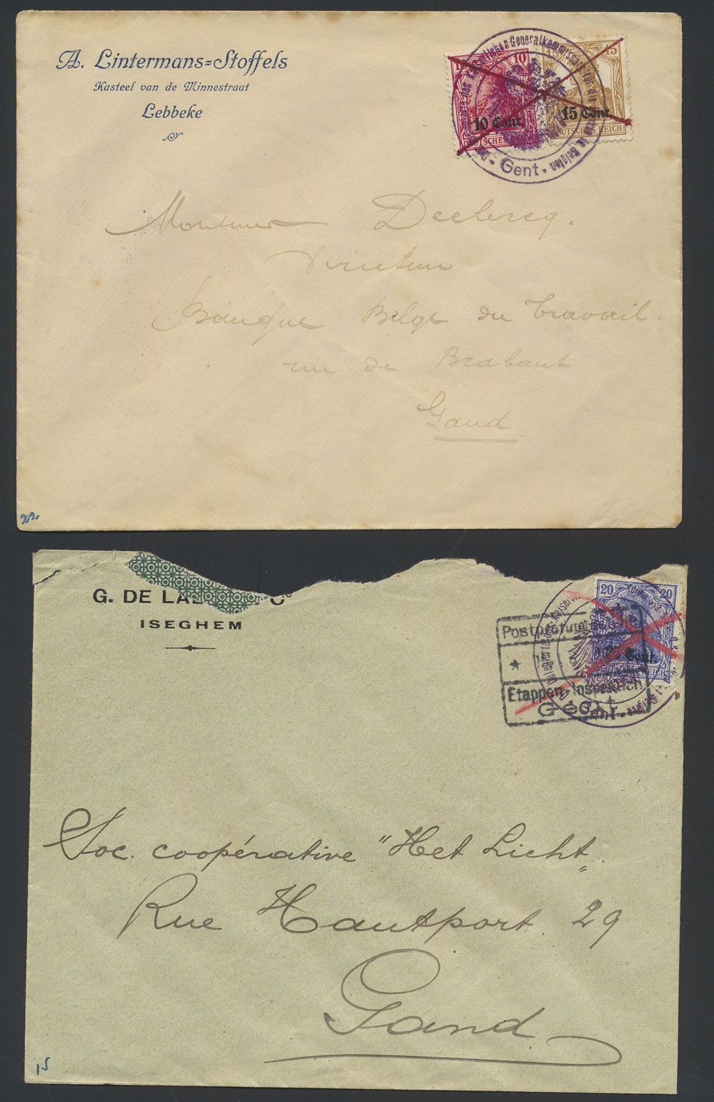 1916 (?), 2 brieven van Lobbeke en Iseghem, met rode penontwaarding naar Gent, gestempeld met 