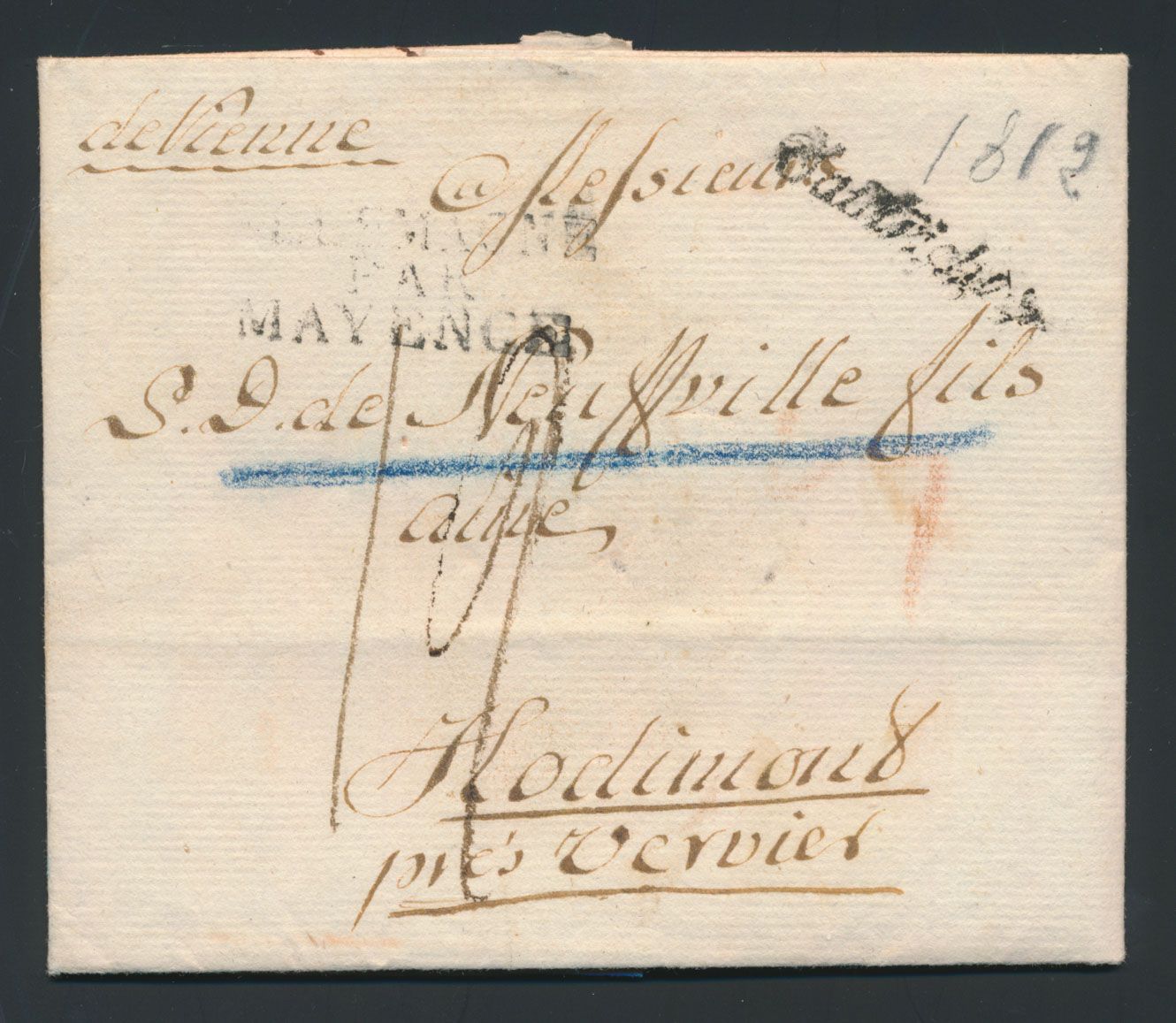1812, Vorläufer aus Vienne (Wien - Österreich), datiert 18. Januar 1812, geschickt nach Hodimont, sehr schöner dreizeiliger schwarzer Grenzstempel 