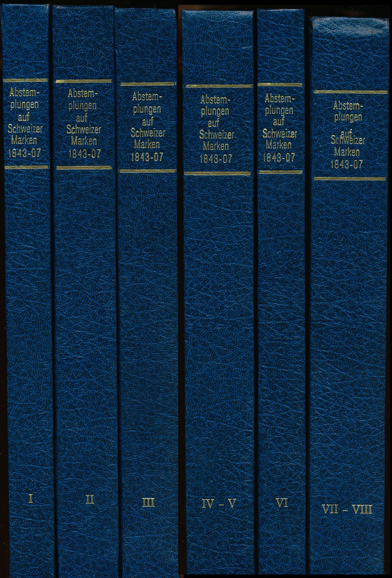 Großes Handbuch der Abstemplungen auf Schweizer Marken 1843-1907, volume I t.e.m. VIII (Reeks van 6); Andres, Emmeregger, Müller & Lipp; Schweizerischer Philatelisten-Verein; 1969; gedrukt; ingebonden/gelijmd; Duits; harde kaft; zeer mooi