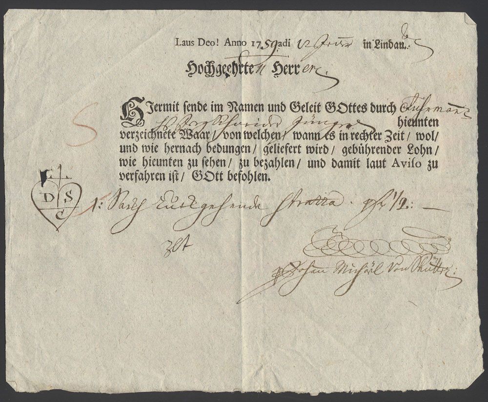 1759 Duits document van Lindau, zm
