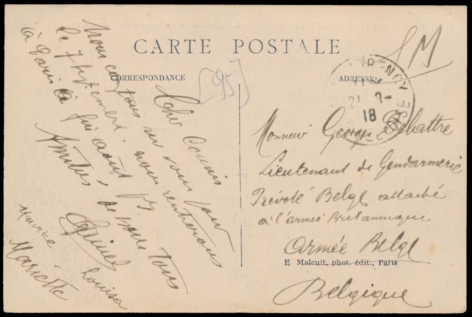 1918, zichtkaart verstuurd uit Montmorency (FR) naar G. Delattre Lt. de Gendarmerie, Prevoté Belge Attaché à l' armée Brittanique/ Armée Belge, via Poperinghe (24/8/18) Onbezet België, zm.
