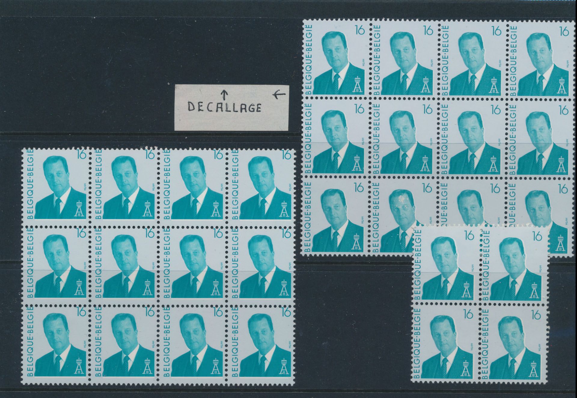 N° 2535-Cu 'Albert II 16 Fr blauwgroen' (5 blokken van 12 + 1 blok van 4), w.o. verschoven tandingen en kleurverschil, zm.