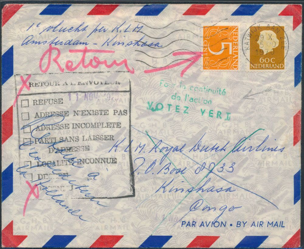 1970 First flight KLM Amsterdam / Kinshasa, sent from Katwijk aan Zee / Netherland October 29, 1970 to Kinshasa, boxed 